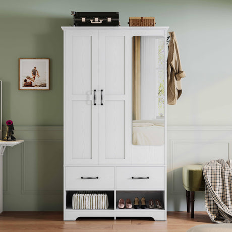 LIKIMIO 3 Doors Armoire Wardrobe Closet with Mirror, 2 Shoe Racks, 70" H Wooden Bedroom Armoires with 2 Drawers and Adjustable Shelves, Freestanding Closet Storage Cabinet with Hanging Rail, White LIKIMIO