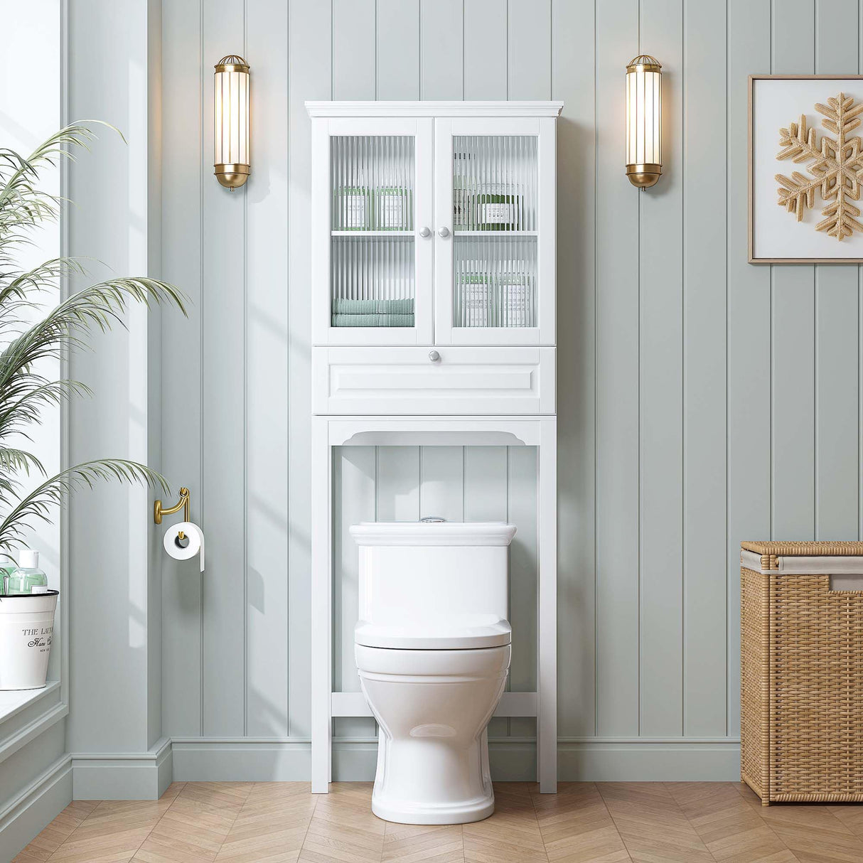 Spirich Over The Toilet Storage Cabinet with Muro Glass Doors, Over Toilet Bathroom Organizer with Tilt-Out Cube and Adjustable Shelf, White Spirich