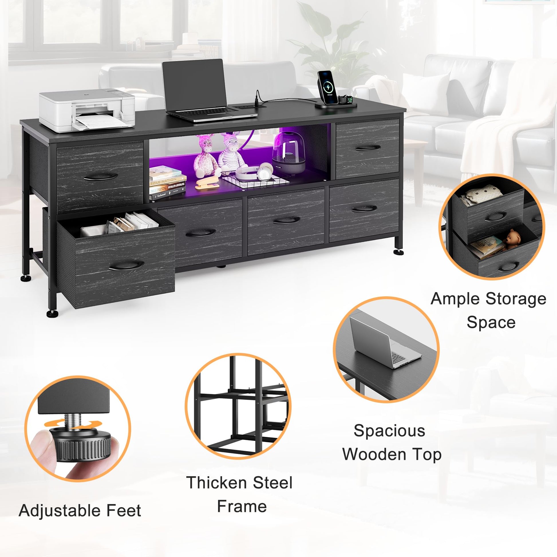 Lulive Bedroom TV Stand Dresser LED, 6 Drawers Dresser TV Stand for 50 55 60in TV, TV Stand for Bedroom w/Storage Entertainment Center Power Outlet, Fabric Dresser for Living Room, Charcoal B - WoodArtSupply