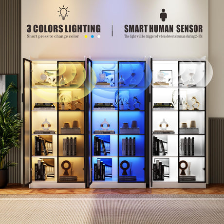 Storage Cabinet with Doors Adjustable Shelves - 65" White Tall Kitchen Pantry Organizer with Metal Handle/LED Lights/Human Sensor - 5 Tier Display Bookcase for Bedroom Living Room Office Dystler