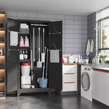 METALREAD 75" Metal Storage Cabinet, Tall Broom Cabinet, Garage Cabinets with Locking Doors, Black Outdoor Utility Broom Closet Storage Cabinets for Office, Bathroom, Warehouses METALREAD