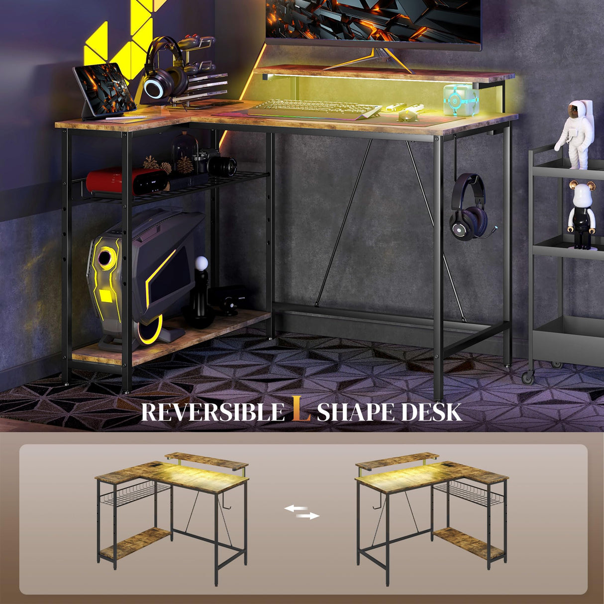 HOMCOM 42" L Shaped Desk with LED Lights, Power Outlet, USB Charging Ports, Reversible L Shaped Computer Desk with Storage Shelves, Monitor Stand, Corner Gaming Desk for Home Office, Rustic Brown HOMCOM