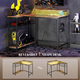 HOMCOM 42" L Shaped Desk with LED Lights, Power Outlet, USB Charging Ports, Reversible L Shaped Computer Desk with Storage Shelves, Monitor Stand, Corner Gaming Desk for Home Office, Rustic Brown HOMCOM