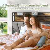 Welzona Queen Bed Frames with Headboard, LED Lights Queen Size Bed Frames with Charging Station, Sturdy and Noise-Free, Storage Space Under Bed, No Box Spring Needed, Brown Welzona