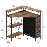 VENNQD Corner Desk with Drawers Shelves for Small Space 90 Degrees Triangle Computer Desk with Power Outlets,Gaming Desk with LED Lights Monitor Stand for Home Office Workstation Writing Table (Brown) VENNQD