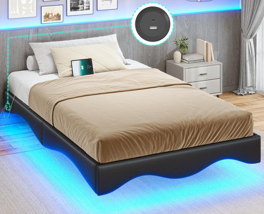 AOGLLATI Twin Floating Bed Frame with Built-in Charging Station & RGB LED Lights - Black - WoodArtSupply