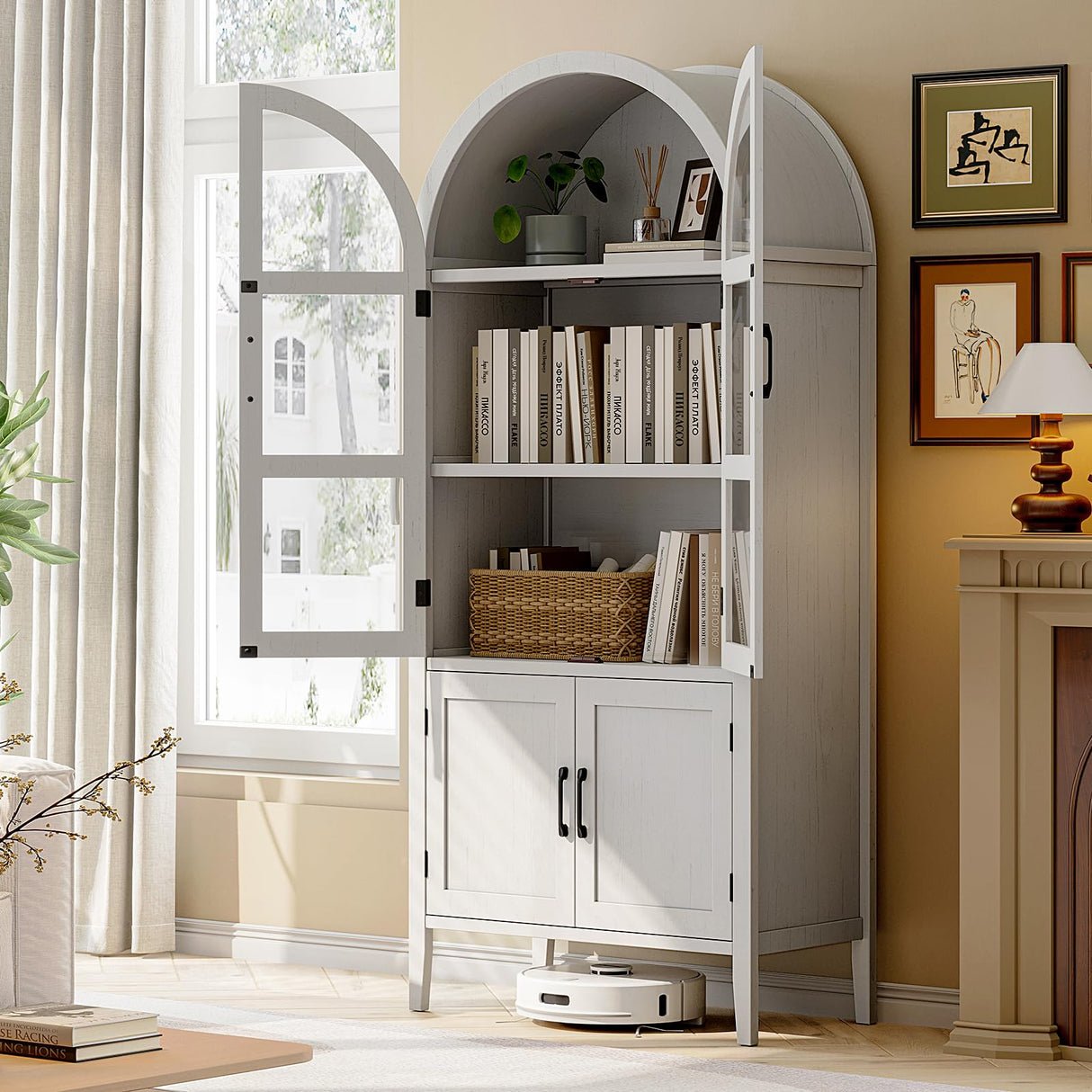 ONBRILL 71" Tall Arched Cabinet, 5-Tier Arched Kitchen Pantry with Glass Doors & Shelves, Modern Display Arch Cabinet with Adjustable Feet, Wooden Pantry for Living Room, Dining Room, Off White ONBRILL