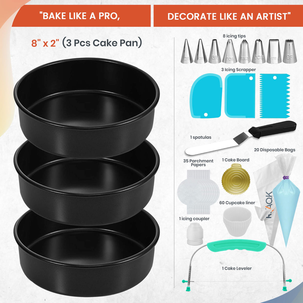 RFAQK 133PCs Round Cake Pans Sets for Baking + Cake Decorating Kit with NonStick 8 Inch Cake Pan Set of 3 -Icing Tips,Cake Leveler,Spatula, Multifunctional Cake Pan, Baking Supplies Gift & eBook RFAQK