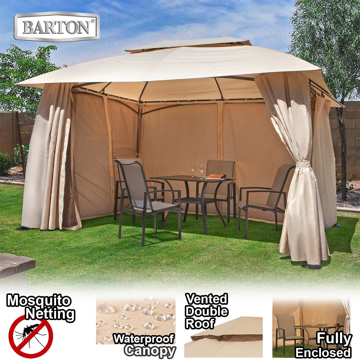 Barton 10' x 13' ft Garden Patio Gazebo Fully Enclosed All-Season w/Mosquito Netting and Curtains -Beige - WoodArtSupply