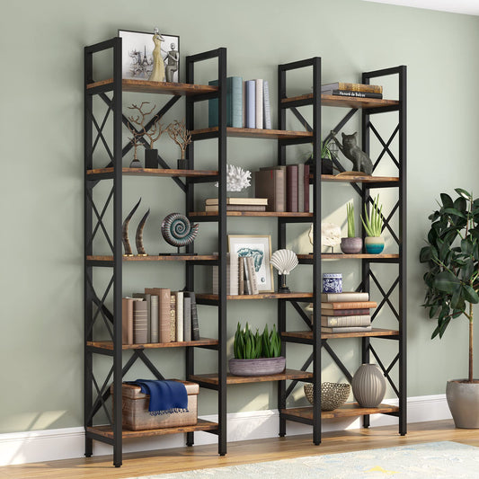 Tribesigns Vintage Industrial Triple Wide 5-Shelf Bookcase with Open Storage for Home & Office - WoodArtSupply