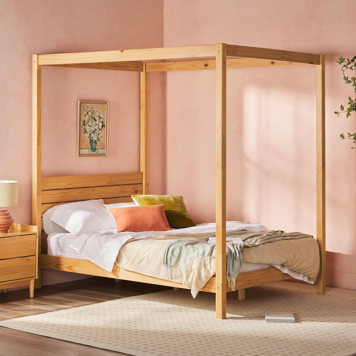 Natural Pine Solid Wood Full Minimalist Canopy Bed - WoodArtSupply