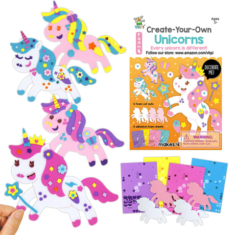 VKPI 4 Pieces EVA Foam Art Crafts Gift Kit, Make Create Your Own Unicorns, Cartoon Foam Paper Craft Projects for Kids Ages 4+ Toddler, Preschool Learning Toy for Birthday Party Favor Supplies VKPI