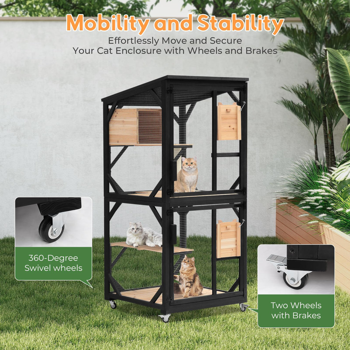 Nicedday Large Cat Catio, 4 Tiers Outdoor Cats House with Removable Platforms, Cat Outdoor Enclosure Window Access with Waterproof Cover, Indoor Catio with Caster nicedday