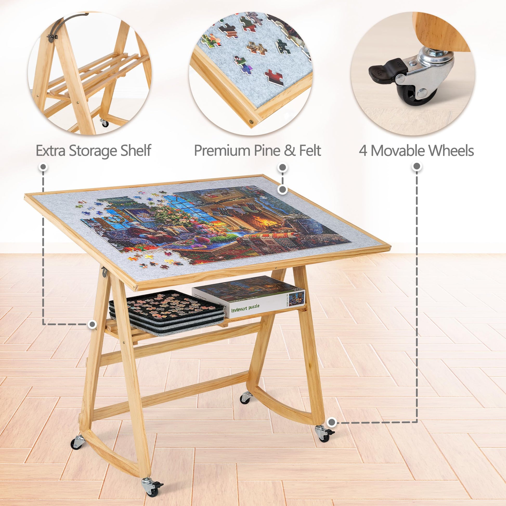 Lavievert 1500 Piece Jigsaw Puzzle Table with Legs & Cover, Adjustable Wooden Puzzle Board Easel with Storage Shelf, Portable Tilting Puzzle Table with 4 Rolling Wheels for Adults - WoodArtSupply