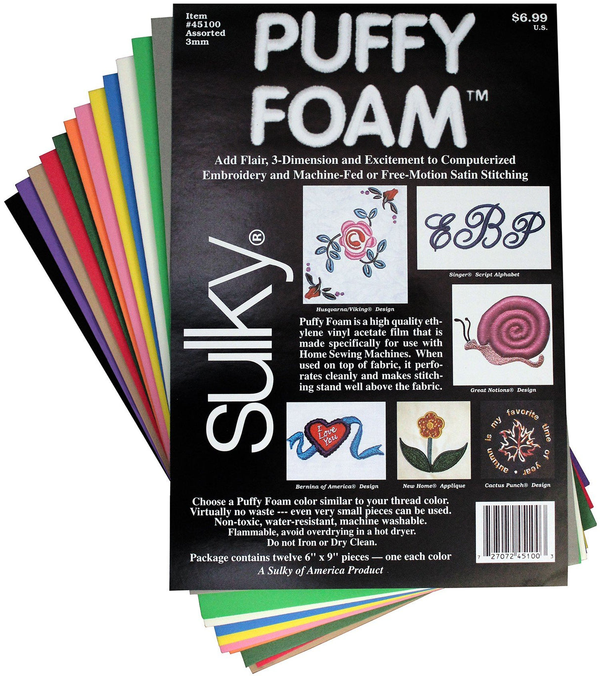 Sulky Of America 12 Color 3mm Puffy Foam Assortment, 6" by 9" (45100S) Sulky