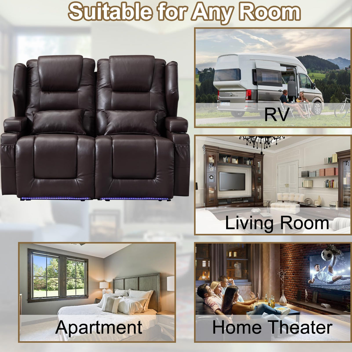 OQQOEE RV Reclining Loveseat, Power Recliner Sofa with Cup Holders & USB Ports, Theater Seating for Home Theater, Living Room, Small Spaces, Easy Assembly (Brown) OQQOEE