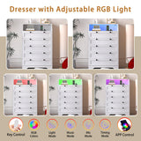 Wodeer White Dresser Tall 5 Drawer Dresser for Bedroom, Wood Chest of Drawers with LED Lights, Charging Station, Metal Handles, Modern Storage Cabinet and Organizer Drawers for Living Room, Hallway