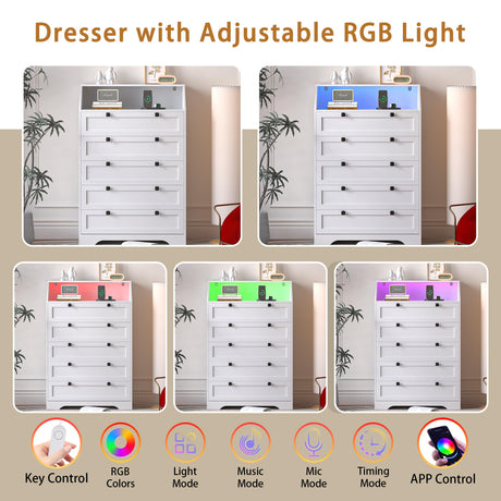 Wodeer White Dresser Tall 5 Drawer Dresser for Bedroom, Wood Chest of Drawers with LED Lights, Charging Station, Metal Handles, Modern Storage Cabinet and Organizer Drawers for Living Room, Hallway Wodeer