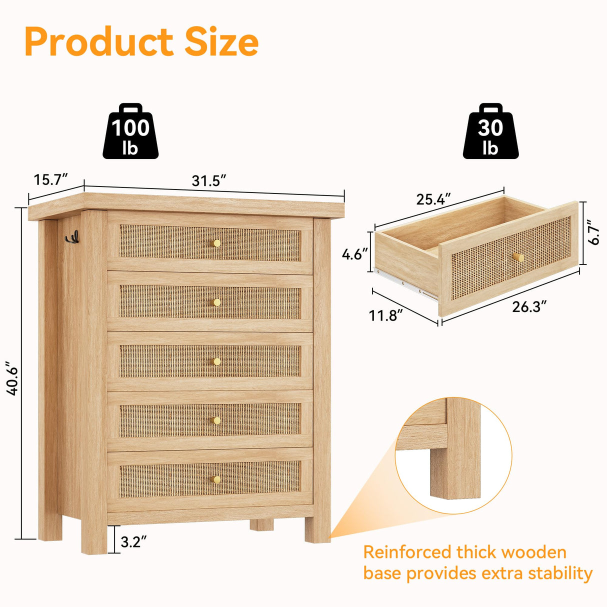 Natural Rattan Dresser for Bedroom with 5 Drawers, Wood Boho Chest of Drawers with Gold Metal Handle, Matte Top Bedroom Tall Dresser with Large Drawers for Living Room, Closet, Hallway, (Nartual Oak) Jocoevol