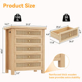 Natural Rattan Dresser for Bedroom with 5 Drawers, Wood Boho Chest of Drawers with Gold Metal Handle, Matte Top Bedroom Tall Dresser with Large Drawers for Living Room, Closet, Hallway, (Nartual Oak) Jocoevol