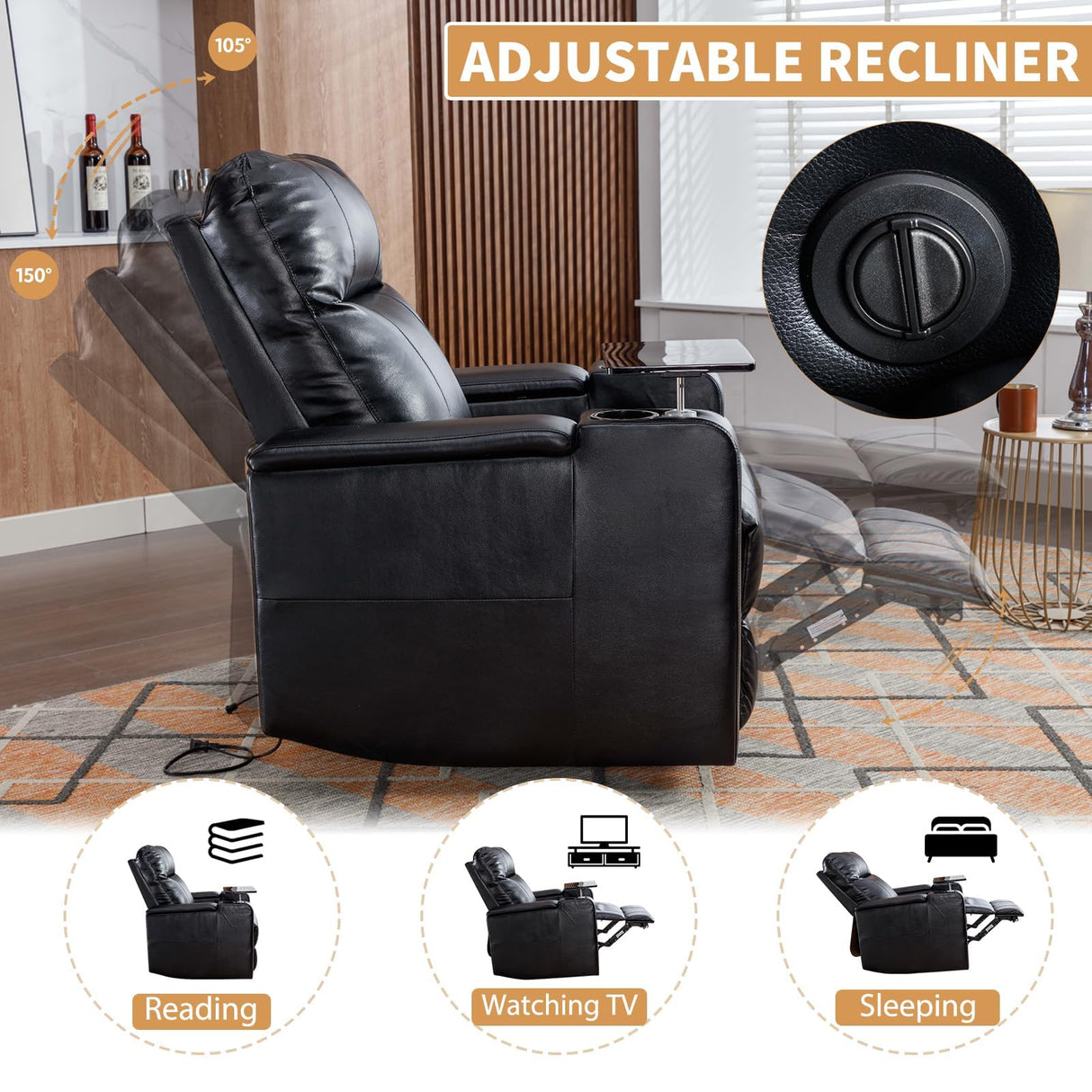 ANJ Power Recliner Chair with USB Ports, Faux Leather Home Theater Seating with Swivel Tray Table, Electric Movie Reclining Chairs with Cup Holders, Hidden Arm Storage (Black) ANJ