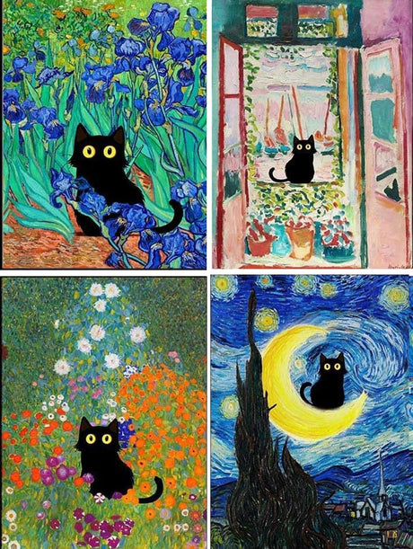 Adult 5D Diamond Painting Kits - 4 Pieces, Round Diamond Arts Painting Kit, DIY Beginner Black Cat Diamond Art Kit, Matisse Van Gogh Living Room Bedroom Decoration (11.8x15.7) GemZono