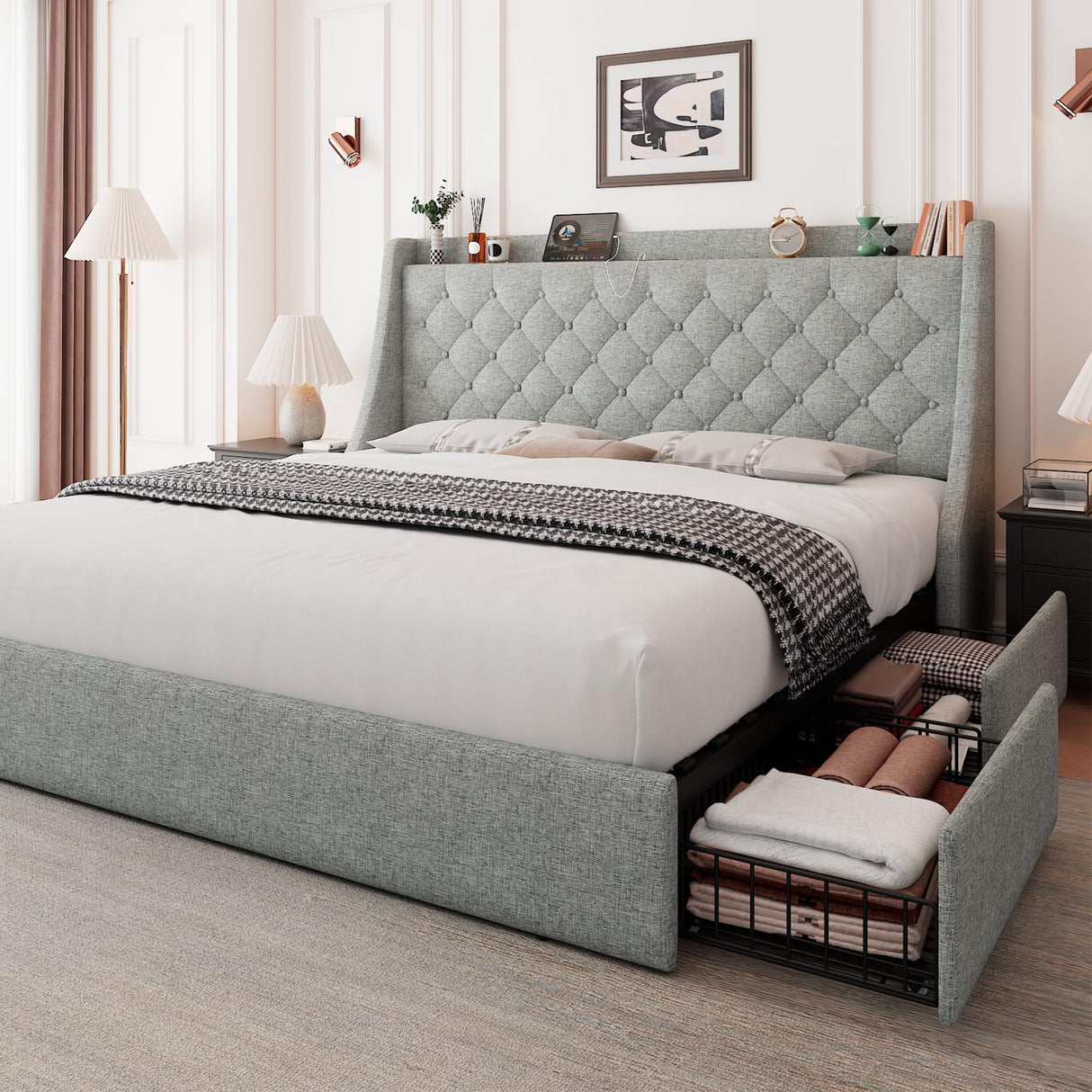 Feonase Queen Size Bed Frame with 4 Storage Drawers, Upholstered Storage Bed with Charging Station, Tufted Wingback Storage Headboard, No Box Spring Needed, Light Grey, FEO737 Feonase