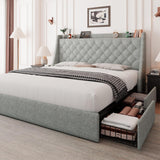 Feonase Queen Size Bed Frame with 4 Storage Drawers, Upholstered Storage Bed with Charging Station, Tufted Wingback Storage Headboard, No Box Spring Needed, Light Grey, FEO737 Feonase