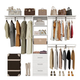 secilix Closet System with Drawers, 5-8FT Closet Organizer Systems with Expandable Hanging Rods, 96" Closet Shelving Systems for Walk in Closets, Heavy Duty Wall Mount Closet Systems-White secilix