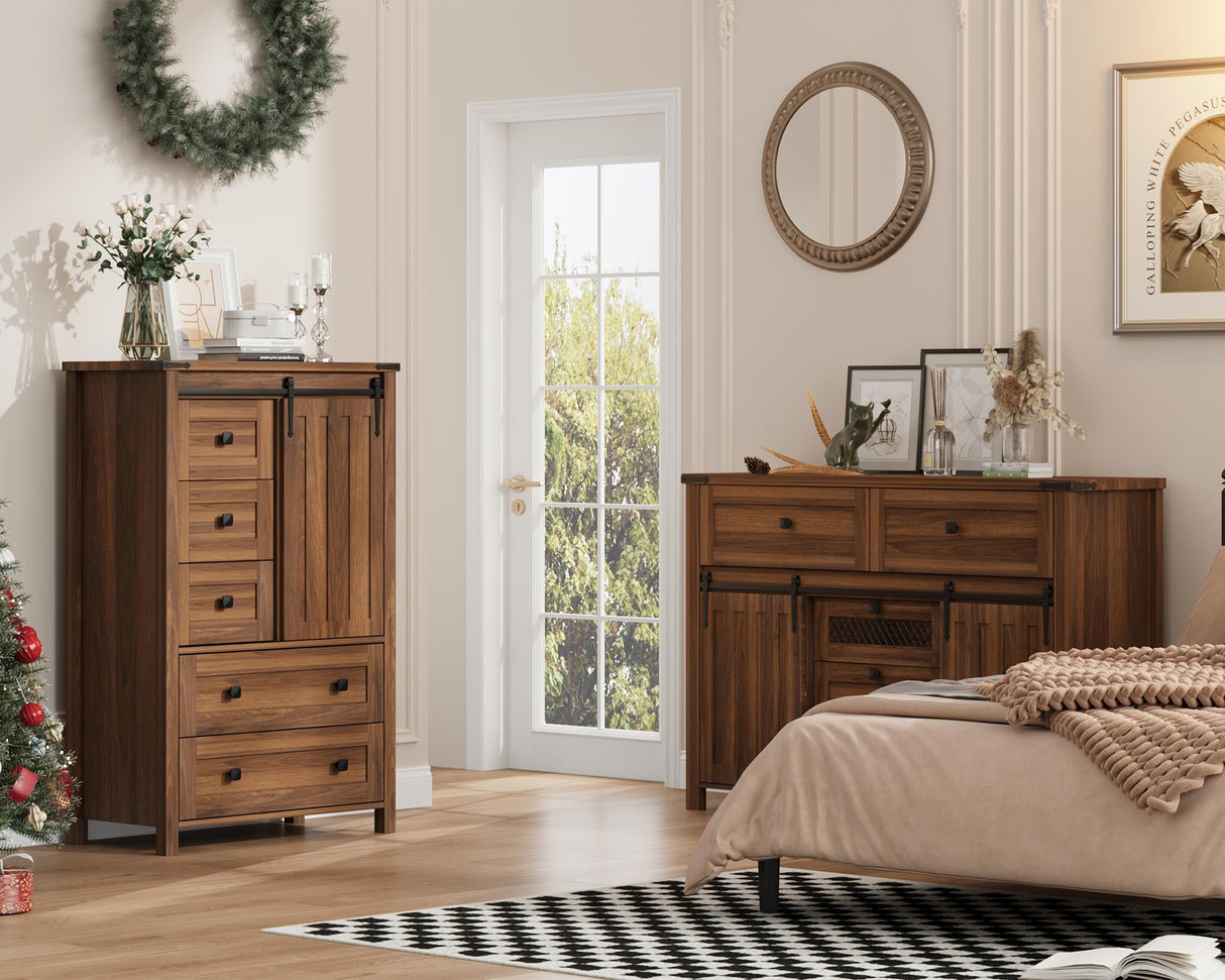 IDEALHOUSE Farmhouse 5 Drawer Dresser for Bedroom, 48" Tall Wood Dresser Chest of Drawer with Sliding Barn Door, Adjustable Shelf, Storage Organizer for Bedroom, Hallway, Living Room, Kitchen, Walnut IDEALHOUSE