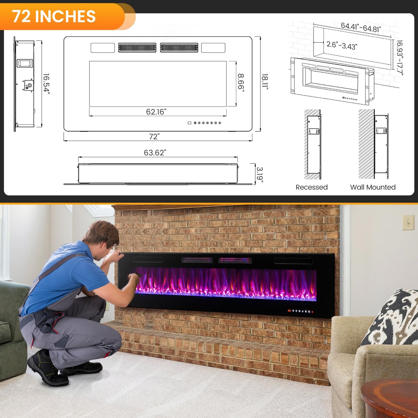 ORALNER 72” Smart WiFi Electric Fireplace, Ultra Thin Linear Recessed & Wall Mounted App Controlled Fireplace Heater with Adjustable Flame Color & Speed, Remote, 12 H Timer (72 INCHES)