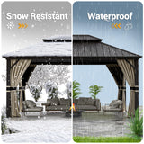 UDPATIO 12' x 16' Hardtop Gazebo, Outdoor Aluminum Gazebo with Galvanized Steel Double Roof, Permanent Metal Canopy with Curtains and Netting for Patio, Garden, Lawn, Backyard, Deck, Beige UDPATIO