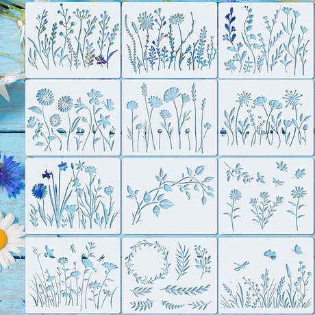 Marspark 20 Pieces Wildflower Stencils for Painting Template Flower Wall Stencils Reusable Spring Templates PET DIY Drawing for Painting on Wood Wall(Rectangular Style) Marspark