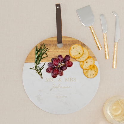 Weddingstar Custom Engraved Circular Wooden Acacia Plank & Marble Cutting Board Serving Tray - Mr. & Mrs. - WoodArtSupply