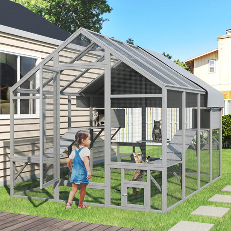 TIMHAKA Large Cat Catio, Catio Outdoor Cat Enclosure for Multiple Cats with 7 Platforms, 2 Resting Box and 2 Bridges, Wooden Feral Cat Shelter with Waterproof and UV Proof Canopy, 71 x 71 x 97 inch TIMHAKA