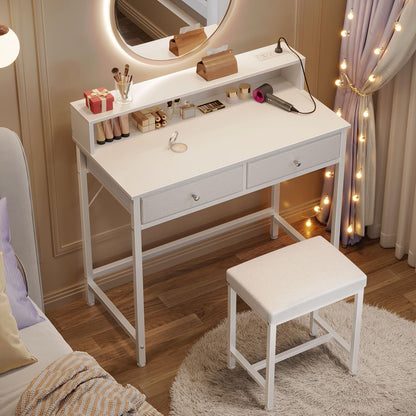 Seventable Vanity Desk without Mirror, Makeup Vanity with Drawers and Charging Station, Small Desk with Storage for Bedroom, Simple Home Office Computer Desk for Small Spaces, White - WoodArtSupply