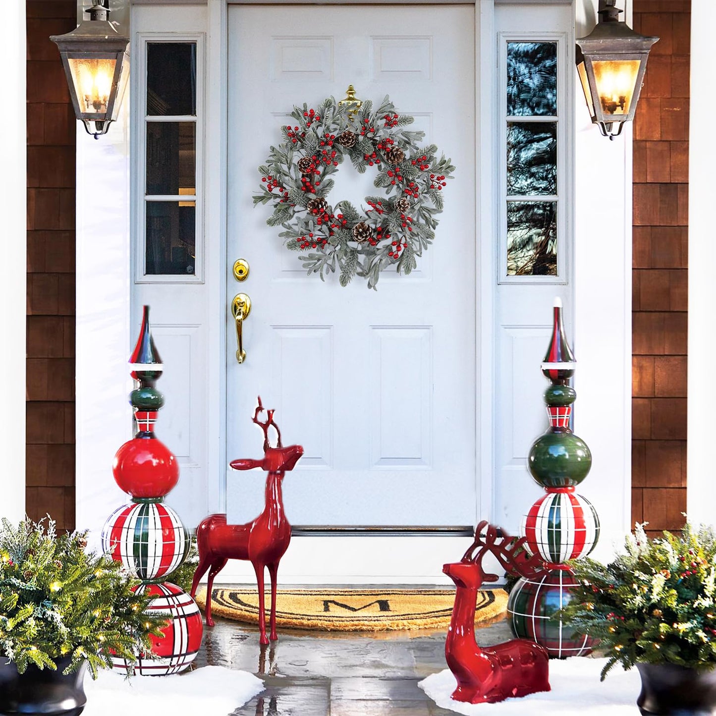 podafu Artificial Christmas Wreath 20 Inch Christmas Wreaths for Front Door Winter Wreath with Red Holly Berries Pine Cones for Front Doors Xmas Winter Holiday Indoor and Outdoor