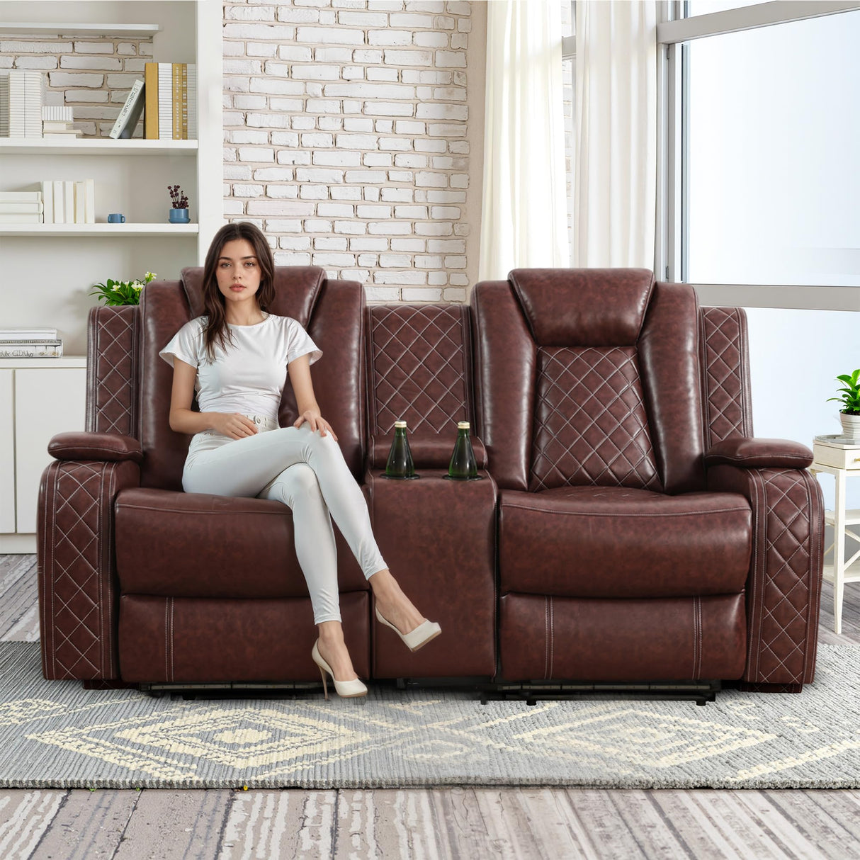 Lyngins 3+2+1 Power Sectional Reclining Sofa Set, Modern Recliner Couch, Loveseat, Chair with USB Ports/LED Lights/Storage Console/Cup Holders, PU Leather Recliner for Living Room, RV Theater, Brown Lyngins