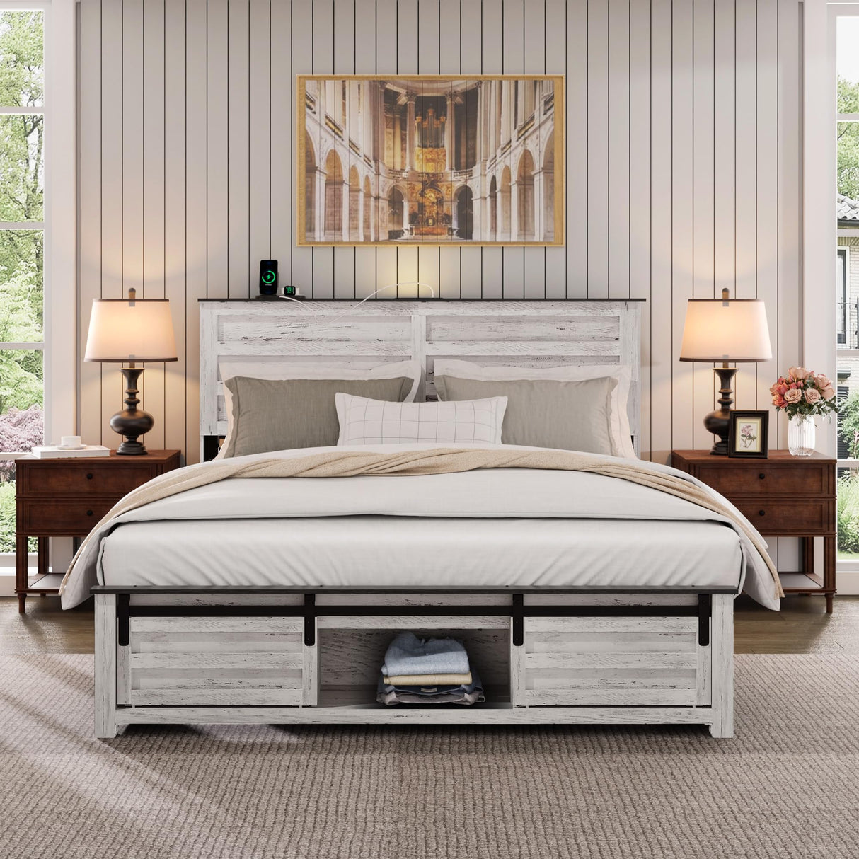 WQQUT Full Size Farmhouse Bed Frame with Sliding Barn Door Storage Cabinets, Charging Station & LED Lights, Wood Platform Bed Frame with Solid Wood Slats, Noiseless, No Box Spring Needed WQQUT