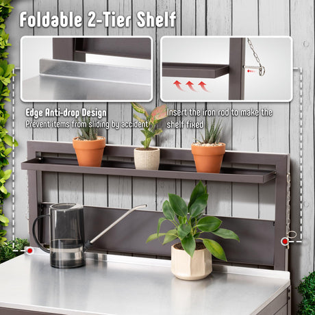 Garden Potting Bench with Storage Cabinet,Outdoor Gardening Table & Work Bench for Plants, Horticulture,Outdoor Workstation with Stainless Steel Tabletop,Outdoor Work Table with Elevated Rack Feasto