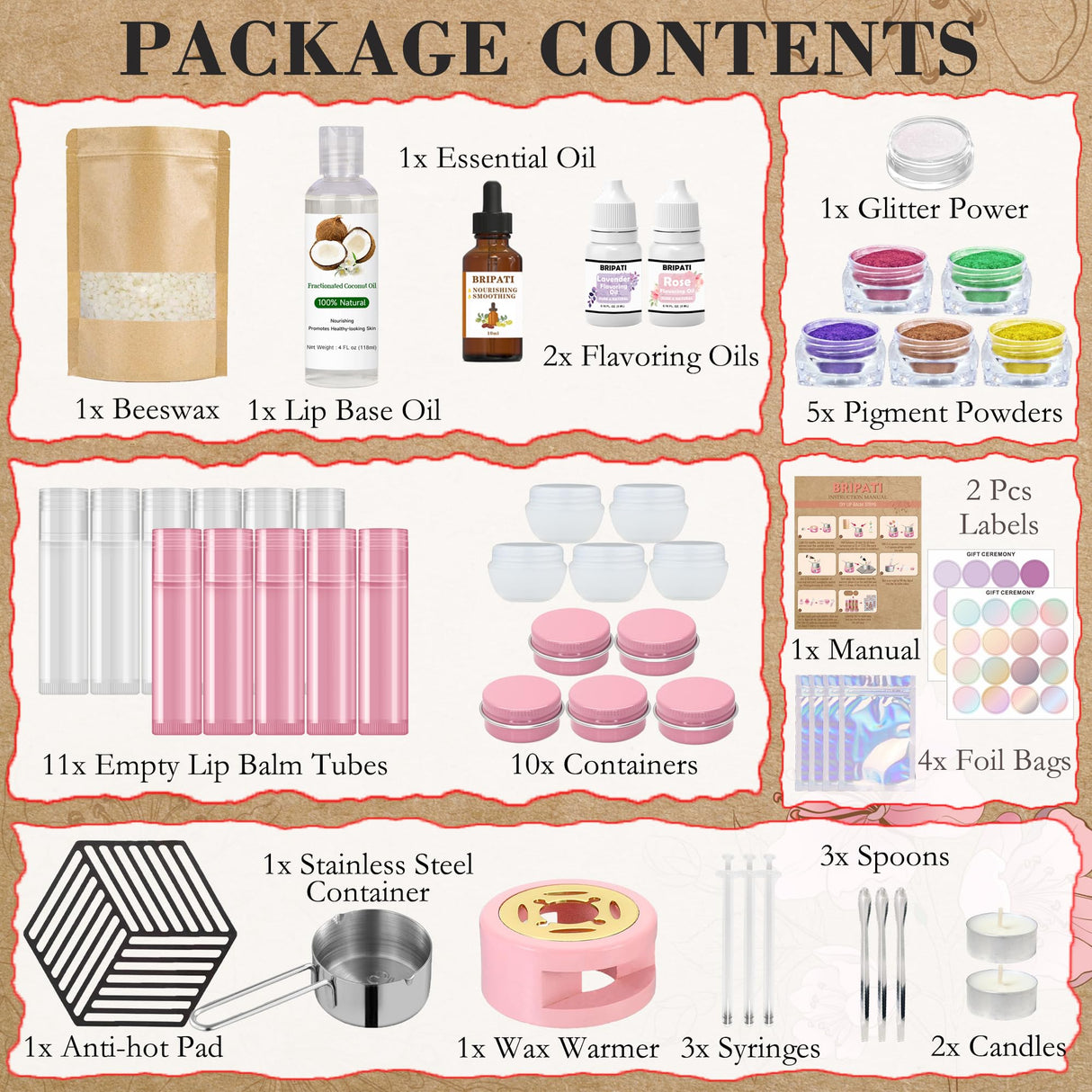 BRIPATI DIY Lip Balm Making Kit for Adults to Make Your Own Moisturizing Lip Balms with Natural Beeswax, Lip Base Oil, Essential Oil, Empty Lip Balm Tubes Jars, Birthday Christmas Mother’s Day Gift BRIPATI
