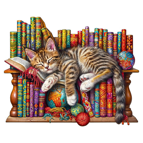 Wooden Puzzles for Adults, Snoozing Cat Wooden Jigsaw Puzzles for Adults, Library Kitten Wood Puzzles Adult, Unique Animal Shape, Gifts for Cat Lovers & Friends, Home Decor (M -11.4 * 9.2in -190 pcs) Pijesaksa