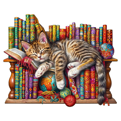 Wooden Puzzles for Adults, Snoozing Cat Wooden Jigsaw Puzzles for Adults, Library Kitten Wood Puzzles Adult, Unique Animal Shape, Gifts for Cat Lovers & Friends, Home Decor (M -11.4 * 9.2in -190 pcs)