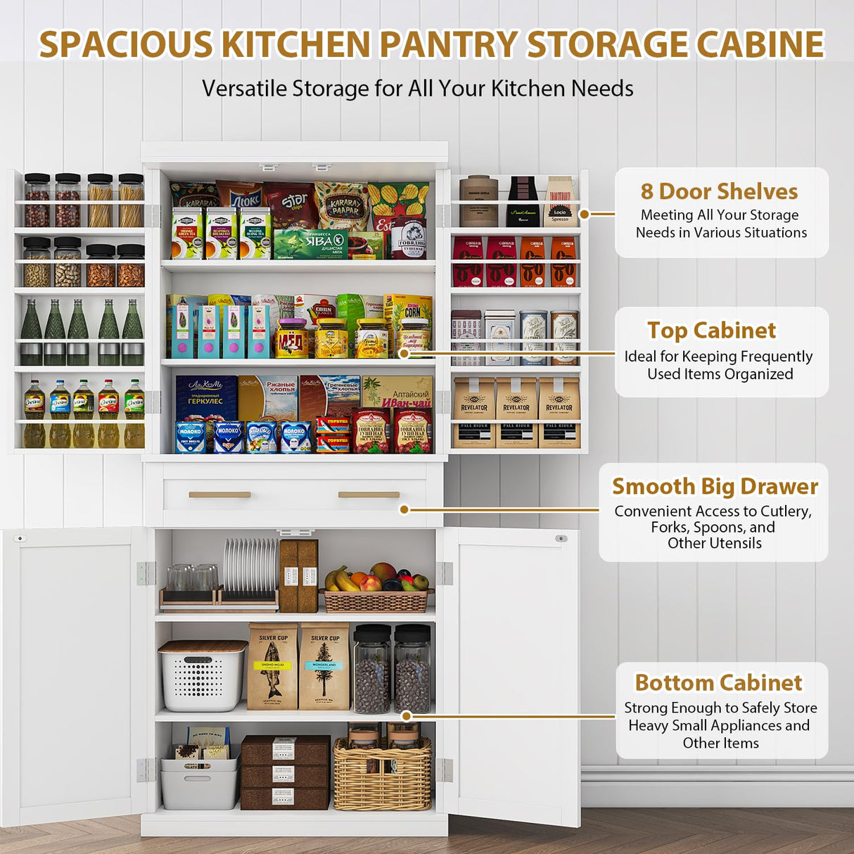 Tall Kitchen Pantry Cabinet with 8 Hanging Shelves, 71” Storage Cabinet with 2 Cabinets, a Large Drawer & Adjustable Shelves, Freestanding Pantry Cabinet for Kitchen, Dining Room, Living Room, White knoworld