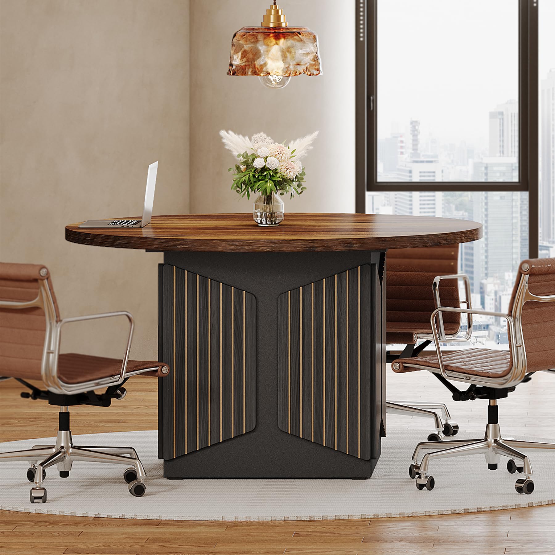 Tribesigns 47" Round Conference Table, Round Multi-Purpose Meeting Table, Reception Negotiation Table for 4, Small Business Training Seminar Table for Office Conference Room (Brown + Black) - WoodArtSupply