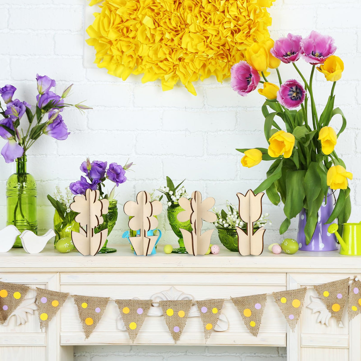 COCHIE DIY 3D Flower Spring Wood Crafts to Paint for Kids Adults, Paintable Unfinished Wooden Slices for Craft, Flowers Cutouts Ornaments for Painting Decorations (24 PCS) COCHIE