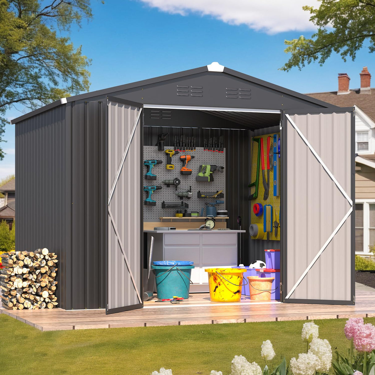 AECOJOY Shed 8' x 6' Metal Storage Shed for Outdoor, Dark Grey Steel Backyard Shed (53 Sq.Ft Land) with Design of Lockable Doors, Utility and Tool Storage for Garden, Backyard, Patio, Outside use AECOJOY