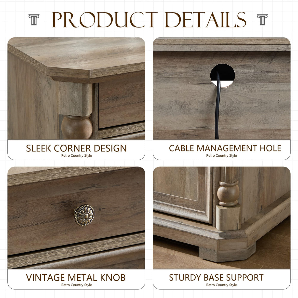 Yechen 55'' Wood Executive Desk with 7 Drawers - Farmhouse Home Office Desks with Power Outlet, Wooden Computer Desk with Roman Columns, Rustic Writing Table for Work & Study, Weathered Reclaimed Oak Yechen