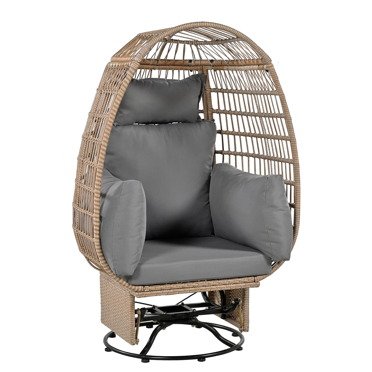 Outdoor Swivel Chair with Cushions, Large Wicker Egg Chair with Stand, 360° Rotation Patio Chairs with Metal Frame, Rattan Egg Chairs with Rocking Function for Balcony, Poolside, Natural Wicker FAROUCHE