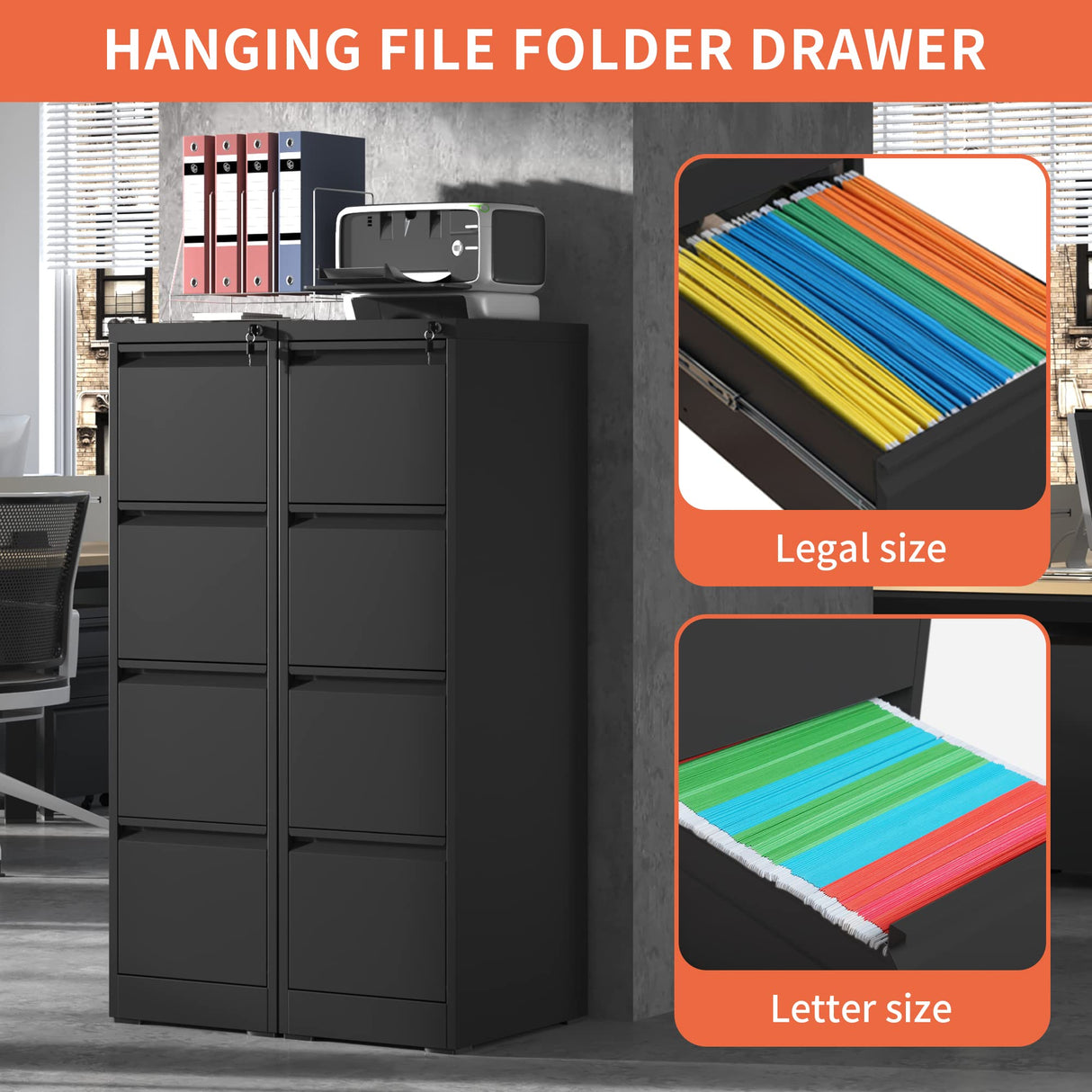 IKIMI 4 Drawer File Cabinet,Metal Filing Cabinets with Lock,Black Vertical File Cabinet for Home Office,Heavy Duty Metal Storage Cabinet for A4/Letter/Legal Size File,Assembly Required IKIMI